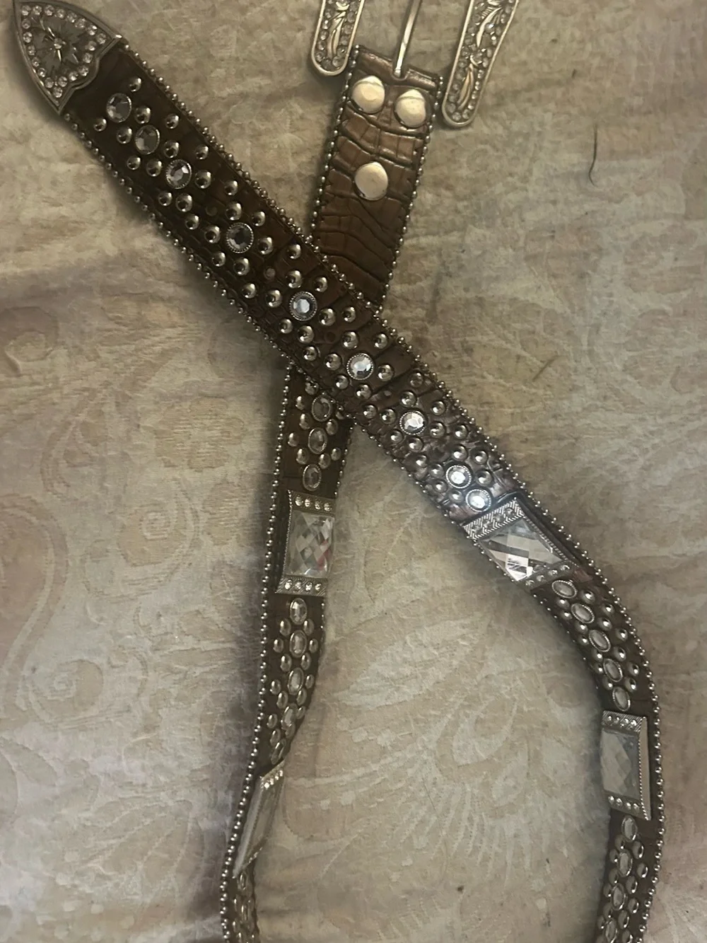 Embellished Brown Croc-Texture Genuine Leather Western Belt with Crystal Accents